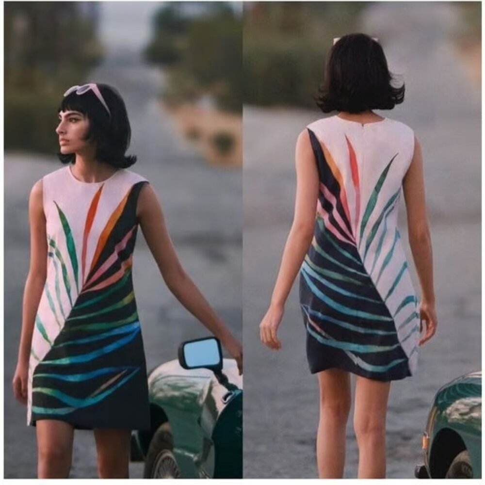 Conditions Apply Anthropologie Linen Mini Sheath Dress Tropical Palm Leaf Print - Picture 2 of 6